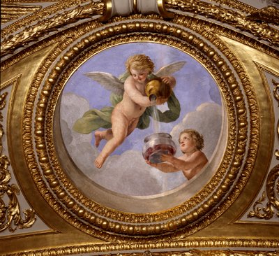 Kärlek till kontinens. Målning av Giovanni Romanelli (1601-1662) som dekorerar taket i Antonine Hall, sovrummet i sommarlägenheterna till drottning Anne av Österrike (1601-1666). Omkring 1655-1658. Paris, Louvren. av Giovanni Francesco Romanelli