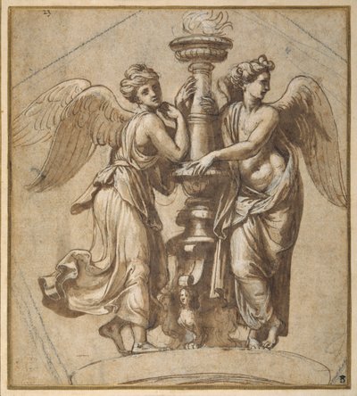 Segrar som omfamnar en kandelaber (penna & brunt bläck med svart krita på papper) av Giovanni Francesco (c.1488 1528) Penni