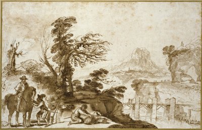 Landskap med en ryttare och en bro (penna och tvätt i brunt bläck med lite svart krita på benvitt papper) av Giovanni Francesco Barbieri