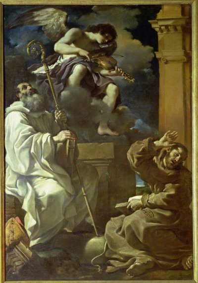 St Francis (1182-1226) i extas och St. Benedictus (480-527) med en ängelmusiker, 1620 av Giovanni Francesco Barbieri
