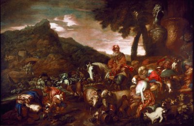 The Journey of Abraham Målning av Giovanni Benedetto Castiglione dit il Grechetto (1610-1665) 1654 Gallery of Palazzo Rosso Genes av Giovanni Francesco Castiglione