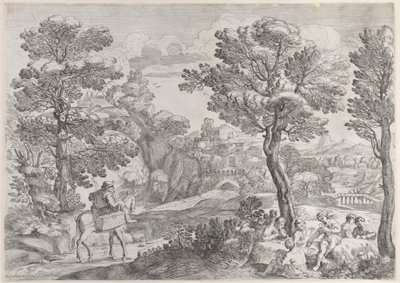 En grupp människor som spelar kort till höger och en man till häst till vänster, 1626-80. av Giovanni Francesco Grimaldi
