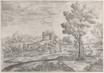 Ett hus på toppen av en rund sten i mitten, människor i floden och i kanoter, 1626-80. av Giovanni Francesco Grimaldi