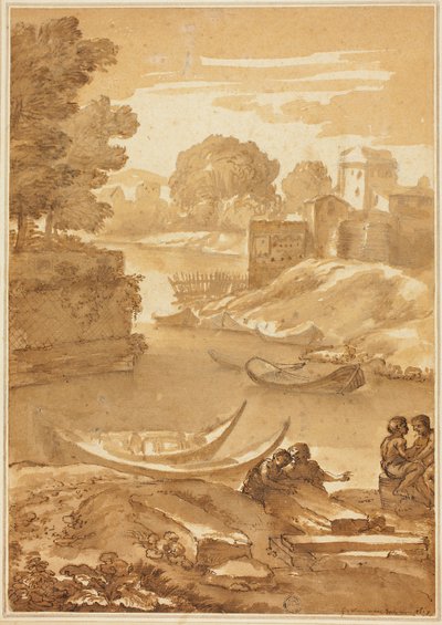 Figurer sittande vid en flod av Giovanni Francesco Grimaldi
