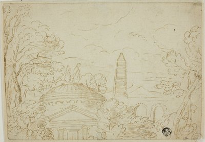 Landskap med tempel, obelisk och akvedukt av Giovanni Francesco Grimaldi