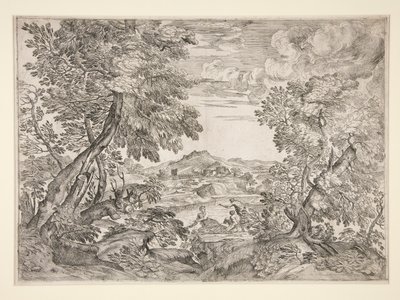 Landskap med tre män vid en flod av Giovanni Francesco Grimaldi