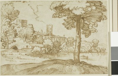 Landskap med ett stort träd till höger och en avlägsen utsikt över en stad till vänster av Giovanni Francesco Grimaldi