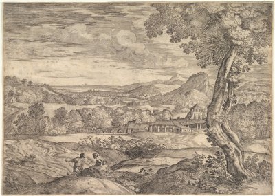 Landskap med tegelbruk i mitten, en stående man i förgrunden p..., 1626-80. av Giovanni Francesco Grimaldi