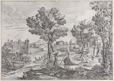 Landskap med en man som håller en orm mot ett skräckslaget barn, bevakat av en moderiktig..., 1626-80. av Giovanni Francesco Grimaldi