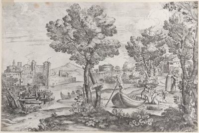 Landskap med en man som håller en orm mot ett skräckslaget barn, bevakat av en moderiktig..., 1626-80. av Giovanni Francesco Grimaldi