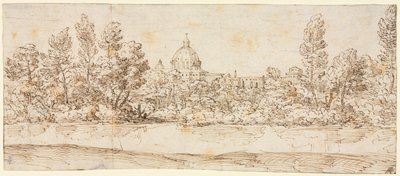 Flodlandskap med utsikt över Peterskyrkan, efter 1660. av Giovanni Francesco Grimaldi