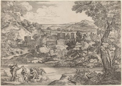Kristi dop, utspelad i ett bergigt landskap av Giovanni Francesco Grimaldi