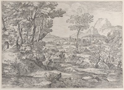 Tre pojkar i ett landskap med en stad i bakgrunden, 1626-80. av Giovanni Francesco Grimaldi