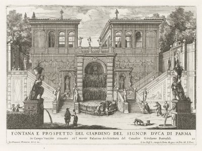 Farnesische Tuinen te Rom Fontän och upphöjning av hertigen av Parmas trädgård (...) (titel på objektet) Fontänerna i Roms palats och trädgårdar (serietitel) Fonteinen in de paleizen en tuinen van Rome (serietitel) av Giovanni Francesco Venturini