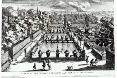 Fiskdammar vid Villa dEste, Tivoli, från Le Fontane av Giovanni Battista Falda (c.1648-1787), publicerad av 1689 av Giovanni Francesco Venturini