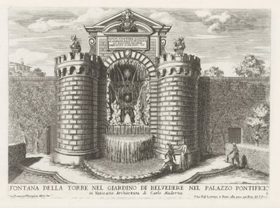 Fontein in de Vaticaanse trädgården Tornfontän i Belvedere-trädgården i det påvliga palatset (...) (titel på objektet) Fontänerna i Roms palats och trädgårdar (serietitel) Fonteinen in de paleizen en tuinen van Rome (serietitel) av Giovanni Francesco Venturini