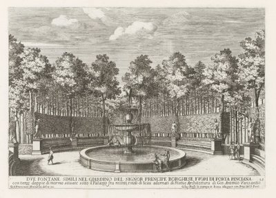 Fontein in de Villa Borghese te Rom Två liknande fontäner i trädgården hos Signor precipe Borghese (...) (titel på objektet) Fontänerna i Roms palats och trädgårdar (serietitel) Fonteinen in de paleizen en tuinen van Rome (serietitel) av Giovanni Francesco Venturini
