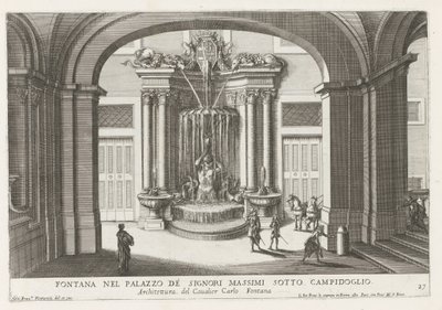 Fontein på plats på Palazzo Massimo di Rignano i Rom Fontän i Palazzo de Signori Massimi under Campidoglio (titel på objekt) Fontänerna i Roms palats och trädgårdar (serietitel) Fonteinen in de paleizen en tuinen van Rome (seriös av Giovanni Francesco Venturini