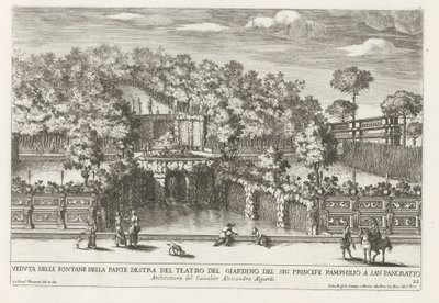 Fontein in de tuinen av Villa Doria Pamphilj te Rom Utsikt över fontänerna på höger sida av trädgårdsteatern (...) (titel på objekt) Fontänerna i Roms palats och trädgårdar (serietitel) Fonteinen in de paleizen en tuinen van Rome (serie av Giovanni Francesco Venturini