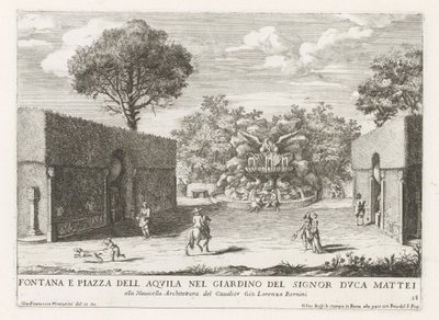 Fontein träffade adelaar i trädgården av Villa Celimontana i Rom Fontän och piazza del aquila i Herr Duke Matteis trädgård (...) (titel på objektet) Fontänerna i Roms palats och trädgårdar (serietitel) Fonteinen in de paleizen en tuinen van R av Giovanni Francesco Venturini