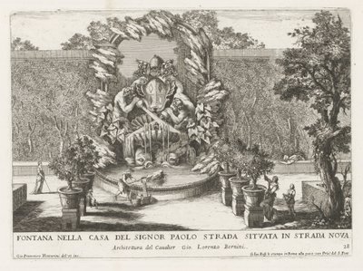 Fontän med ett påvligt vapen, två tritoner och delfiner Fontana nella casa del signor Paolo strada situata in strada nova (titel på objekt) Le fontane ne palazzi e ne giardini di Roma (serietitel) Fontäner i Roms palats och trädgårdar ( av Giovanni Francesco Venturini