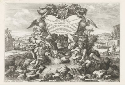 Fontän med dedikation och vapen av Livio Odescalchi Le fontane ne palazzi e ne giardini di Roma (serietitel) Fontäner i Roms palats och trädgårdar (serietitel) av Giovanni Francesco Venturini