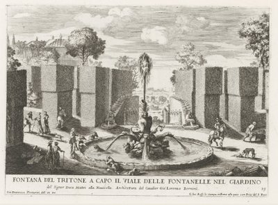 Fontein träffade Triton i trädgården av Villa Celimontana i Rom Tritonfontän i spetsen för fontänavenyn i trädgården (...) (titel på objektet) Fontänerna i Roms palats och trädgårdar (serietitel) Fonteinen in de paleizen en tuinen van av Giovanni Francesco Venturini
