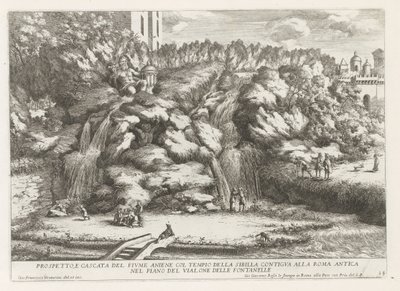 Landschap met cascade en Tempel van de Tiburtijnse Sibille te Tivoli Prospekt och vattenfall i floden Aniene med sibyllans tempel (...) (titel på objektet) Fontänerna i Este-trädgården i Tivoli (serietitel) Fonteinen in de tuinen van Villa d