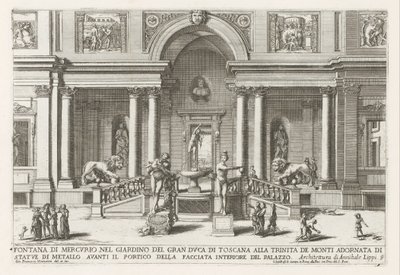 Loggia en trädgård av Villa Medici i Rom Merkuriusfontän i storhertigen av Toscanas trädgård vid Trinita de Monti (...) (titel på objektet) Fontänerna i Roms palats och trädgårdar (serietitel) Fonteinen in de paleizen en tuinen van Rome (se av Giovanni Francesco Venturini