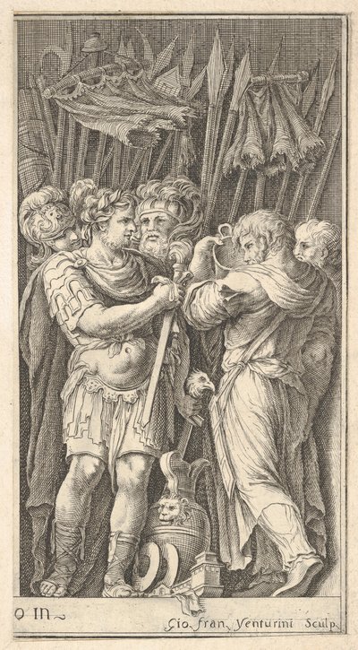 Soldater, en visad framifrån och med ett svärd, till höger en soldat med sin ba..., ca. 1650-1700. av Giovanni Francesco Venturini