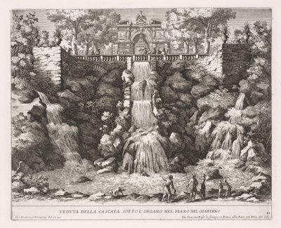 The Fountains of Rome, Bok IV, skylt 21: Vy över kaskaden nedanför orgeln från trädgården. av Giovanni Francesco Venturini