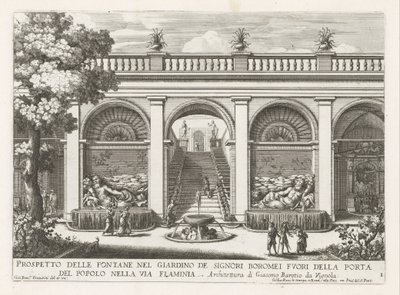 Tuin van een paleis te Rom Prospekt av fontänerna i Boromei-herrarnas trädgård (...) (titel på objektet) Fontänerna i Roms palats och trädgårdar (serietitel) Fonteinen in de paleizen en tuinen van Rome (serietitel) av Giovanni Francesco Venturini
