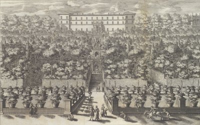 Utsikt över palatset från trädgårdsvåningen med dess fontäner ..., 1691 eller senare. av Giovanni Francesco Venturini
