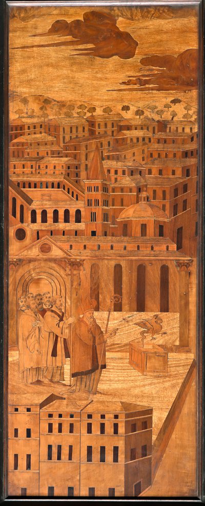 Genua, Duomo (St. Lawrence-katedralen), insida, absid, kör, norra sidan: "St Syrus driver bort basilisken", träintarsia av Anselmo De 