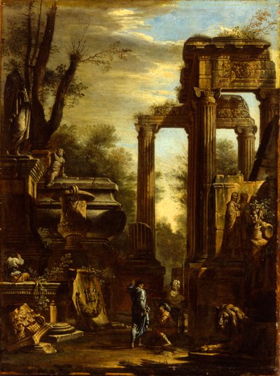 Capriccio av klassiska ruiner och statyer med figurer som samtalar av Giovanni Ghisolfi