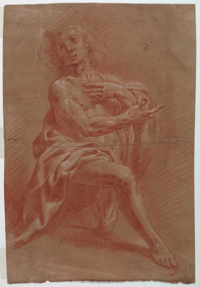 Teckning, Knäböjande man, till en tillbedjan av herdarna, 1601-1650 av Giovanni Giacomo Barbelli