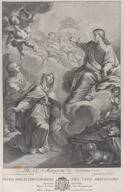 Saint Margarita av Cortona, knästående inför Kristus, efter Pietro Andrea Pucciardi ..., ca. 1702-1741 av Giovanni Girolamo Frezza