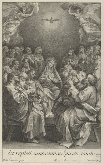 Jungfrun med apostlar som tittar upp mot den heliga duvan och två änglar, efter Reni, 1700-50. av Giovanni Girolamo Frezza