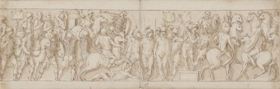 En sarmatisk by förstörs under kejsarens ögon (XCVIII och början av IC); barbarer ser på från en läktare (CVI); Marcus Aurelius tar emot en riden tysk budbärare till häst (CVII) av Giovanni Guerra