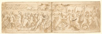 Barbarflyktingar och deras djur förs ut ur deras gömställe (CXVI); uppe till vänster i slutet av en kartusch med en rullning (Guerras eget tillägg) av Giovanni Guerra