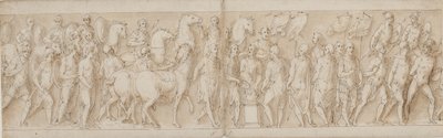 Tillfångatagna kvinnor förs bort (slutet av LXXIII); parad av livräddarna (LXXIV); Marcus Aurelius offrar vid ett altare (LXXV); Marcus Aurelius tittar på en attack (början av LXXVI) av Giovanni Guerra