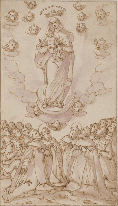 Madonna och barn på en halvmåne som verkar för en grupp helgon, präster och lekmän av Giovanni Guerra