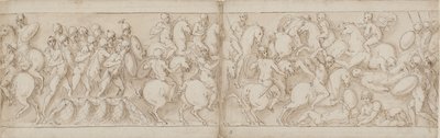 Marcus Aurelius ger sig ut över en kaj med infanteri och kavalleri (CVIII); sarmaterna stöts tillbaka av framryckande romare (CIX) av Giovanni Guerra