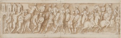 Sarmatiska ledare tillfångatas av överraskning och deras hus sätts i brand av romarna (CII); ankomsten av legionärer och kejsaren (utelämnad av Guerra) (CIII) av Giovanni Guerra