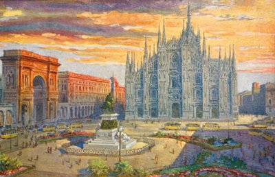 Milano / Milano: Piazza del Duomo (färglitografi) av Giovanni Guerzoni