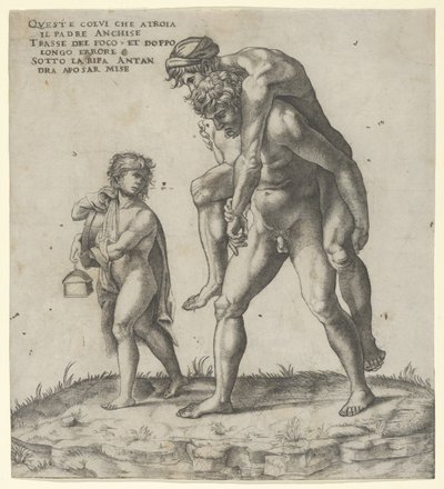 Aeneas räddar Anchises, en ung pojke som bär en lykta till vänster, ca. 1525., ca. 1525. av Giovanni Jacopo Caraglio