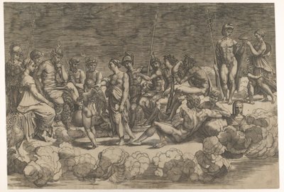 Assembly of the Gods efter takkompositionen i Loggia di Psiche, Villa Farnesina..., 1527. av Giovanni Jacopo Caraglio