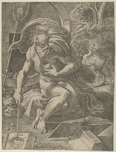 Diogenes satt med sin tunna bakom sig och läste en bok medan han höll en sticka..., ca. 1526-27. av Giovanni Jacopo Caraglio