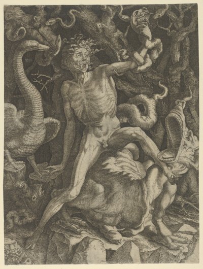 Fury personifierad som en gammal man som rider på ett monster, med en dödskalle i sin vänstra hand, c..., ca.1520-39. av Giovanni Jacopo Caraglio