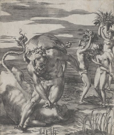 Hercules besegrar flodguden Achelous i form av en tjur, med tre kvinnor t..., ca. 1526-27. av Giovanni Jacopo Caraglio